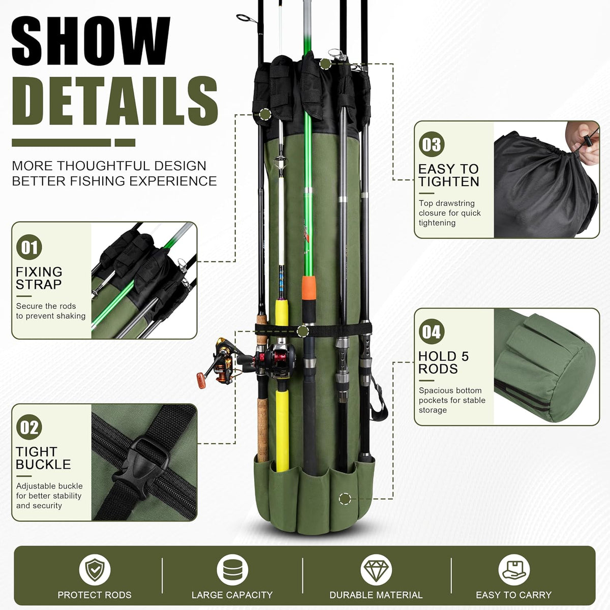 Multifunction Fishing Pole Bag - Waterproof Rod Reel Bag Carrier Case, Durable Canvas Tackle Large Storage Gift for Men Travel, Khaki